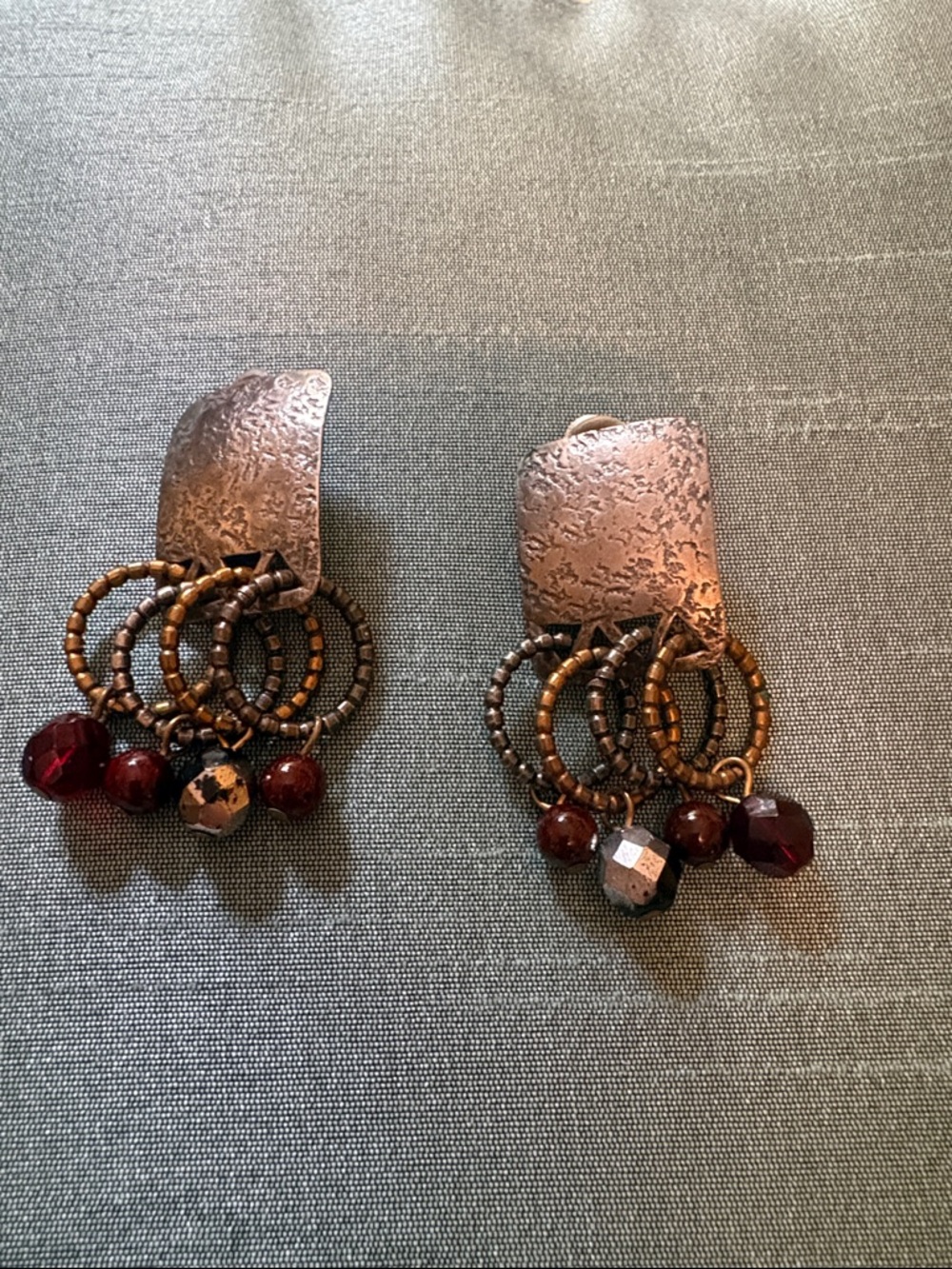 Marjorie Baer silver Tone clip Dangle Earrings with Jet and Garnet Beads